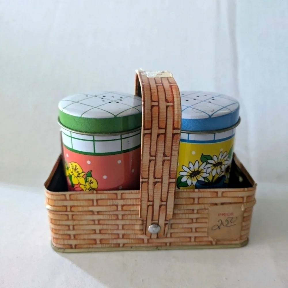 Cottagecore flower shabby chic metal salt and pepper shakers in basket vintage